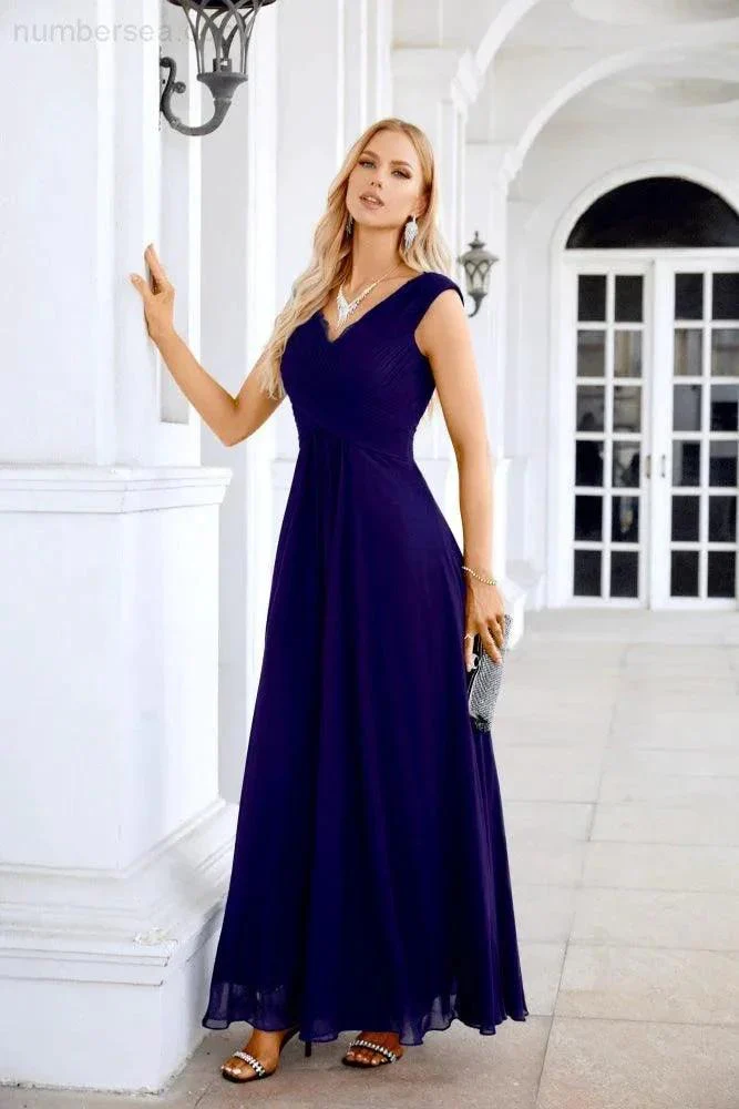 Ladies Chiffon V Neck Sleeveless Floor Length Bridesmaid Evening Dress Wedding Party Evening Dress 28126 - Image 48