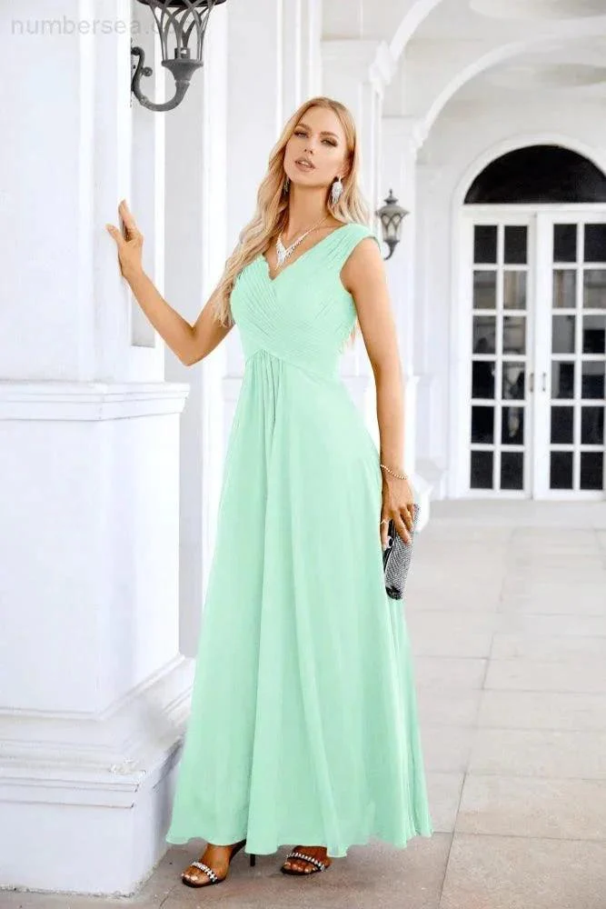 Ladies Chiffon V Neck Sleeveless Floor Length Bridesmaid Evening Dress Wedding Party Evening Dress 28126 - Image 52