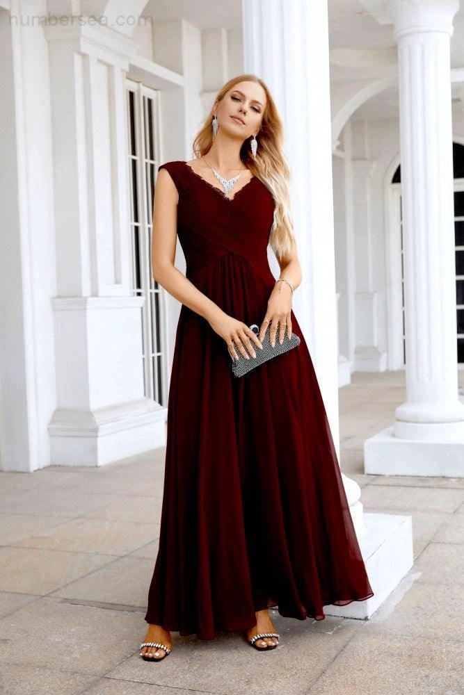 Ladies Chiffon V Neck Sleeveless Floor Length Bridesmaid Evening Dress Wedding Party Evening Dress 28126 - Image 58