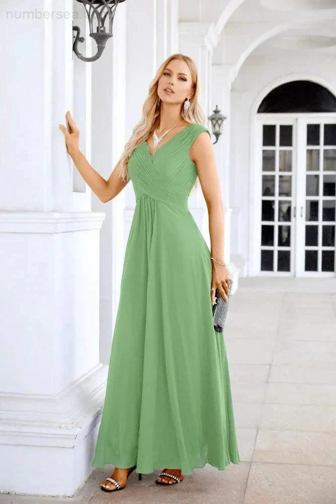 Ladies Chiffon V Neck Sleeveless Floor Length Bridesmaid Evening Dress Wedding Party Evening Dress 28126 - Image 64