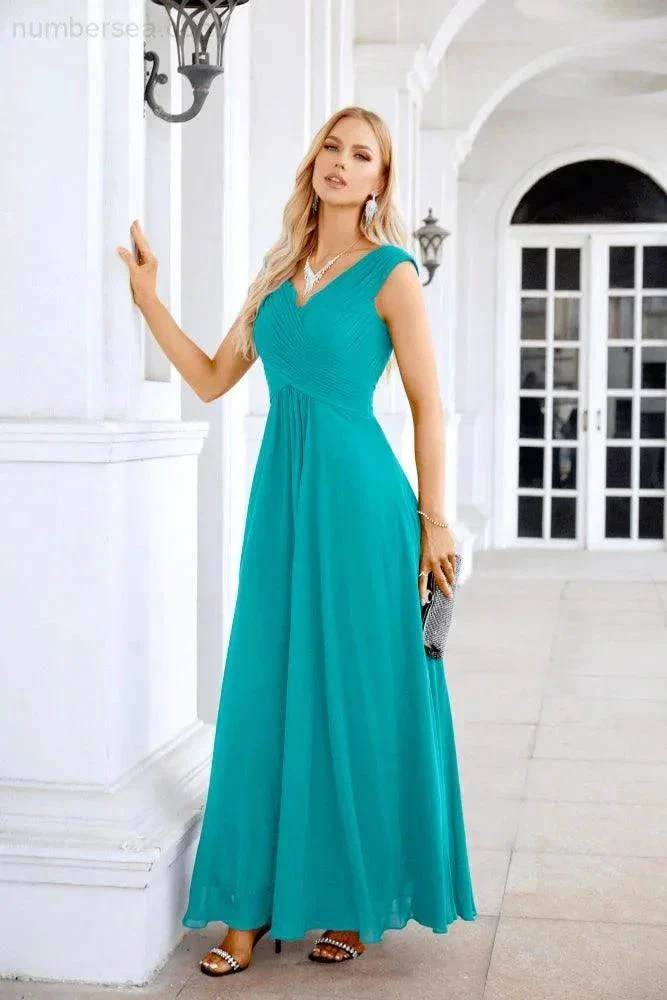 Ladies Chiffon V Neck Sleeveless Floor Length Bridesmaid Evening Dress Wedding Party Evening Dress 28126 - Image 67