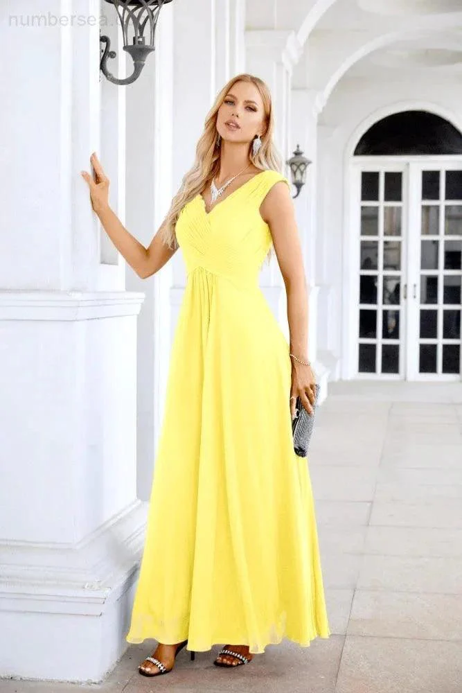 Ladies Chiffon V Neck Sleeveless Floor Length Bridesmaid Evening Dress Wedding Party Evening Dress 28126 - Image 72
