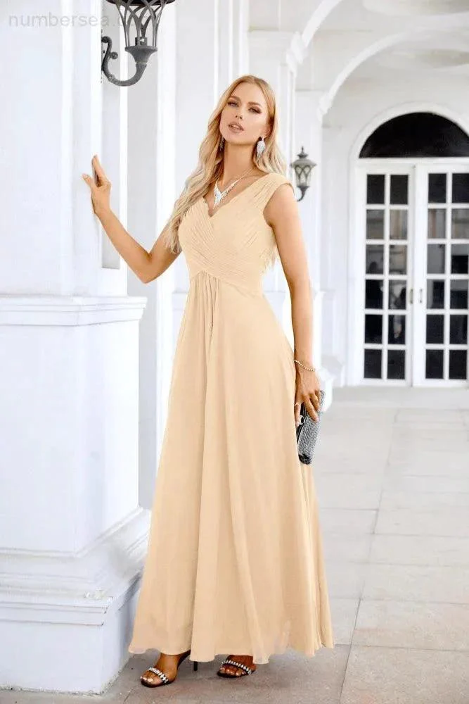Ladies Chiffon V Neck Sleeveless Floor Length Bridesmaid Evening Dress Wedding Party Evening Dress 28126 - Image 80
