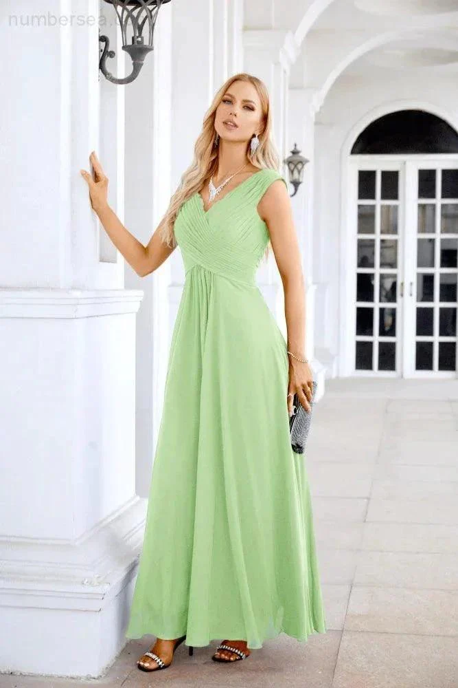 Ladies Chiffon V Neck Sleeveless Floor Length Bridesmaid Evening Dress Wedding Party Evening Dress 28126 - Image 88
