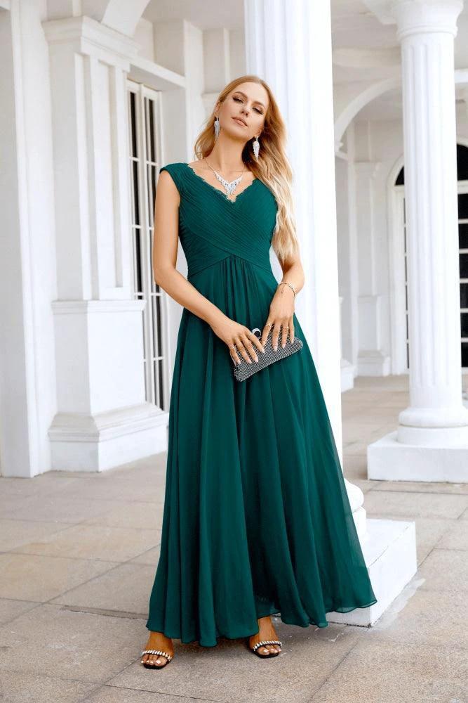 Ladies Chiffon V Neck Sleeveless Floor Length Bridesmaid Evening Dress Wedding Party Evening Dress 28126 - Image 89