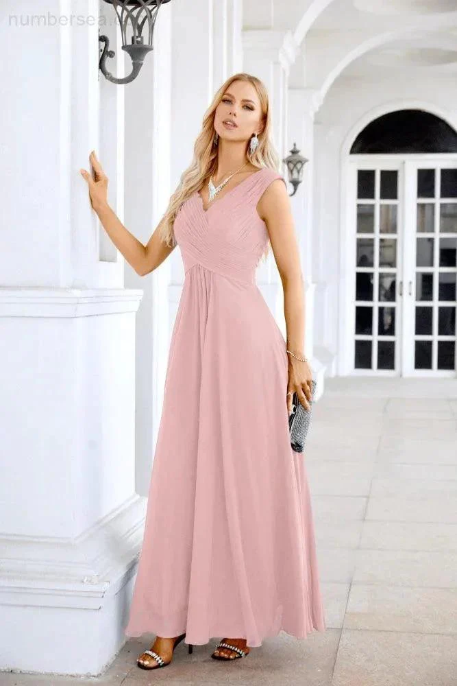 Ladies Chiffon V Neck Sleeveless Floor Length Bridesmaid Evening Dress Wedding Party Evening Dress 28126 - Image 96