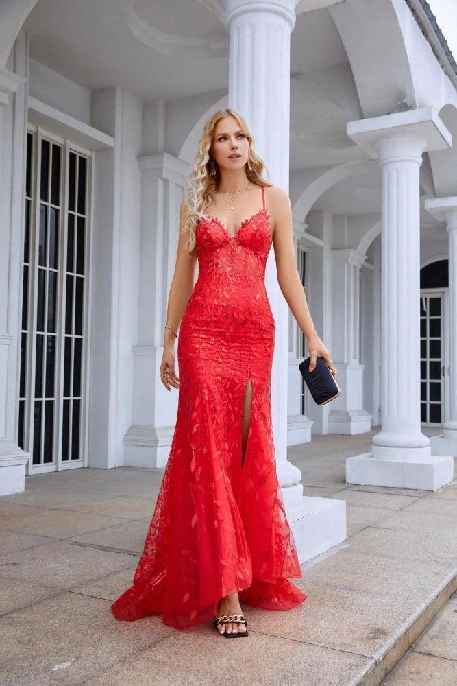 Ladies Double Layer Tulle Spaghetti Strap V Neck Mermaid Front Slit Floor Bridesmaid Wedding Party Evening Dress 28096 - Image 2