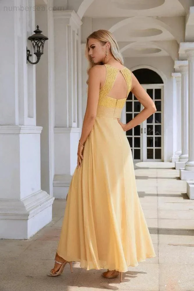 Ladies Lace Chiffon Round Neck Sleeveless Floor Length Bridesmaid Prom Evening Dress Wedding Party Beach 28106 - Image 2