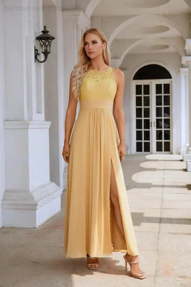 Ladies Lace Chiffon Round Neck Sleeveless Floor Length Bridesmaid Prom Evening Dress Wedding Party Beach 28106 - Image 3