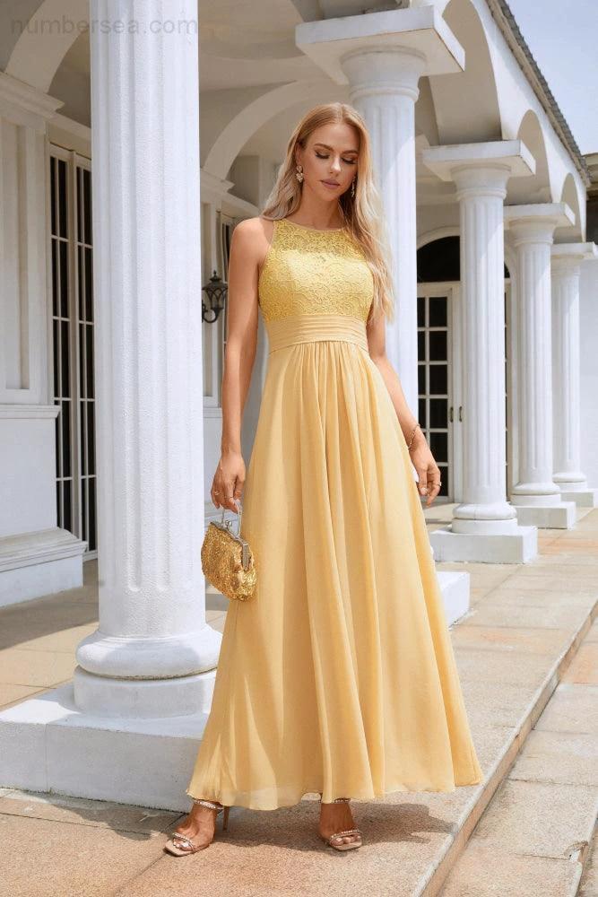 Ladies Lace Chiffon Round Neck Sleeveless Floor Length Bridesmaid Prom Evening Dress Wedding Party Beach 28106 - Image 5