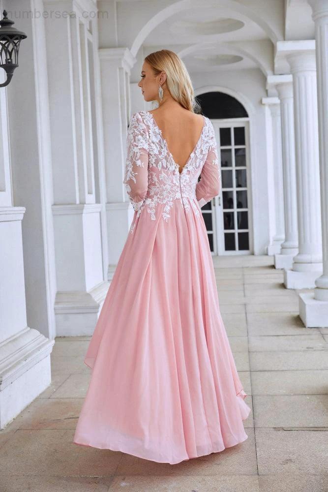 Ladies Round Neck Long Sleeve Chiffon Lace Short Front Short Back Length Length Bridesmaid Evening Dress Wedding Evening Dress 28123 - Image 2