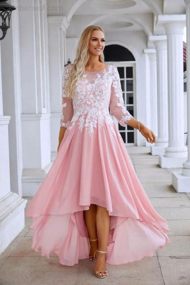 Ladies Round Neck Long Sleeve Chiffon Lace Short Front Short Back Length Length Bridesmaid Evening Dress Wedding Evening Dress 28123 - Image 3