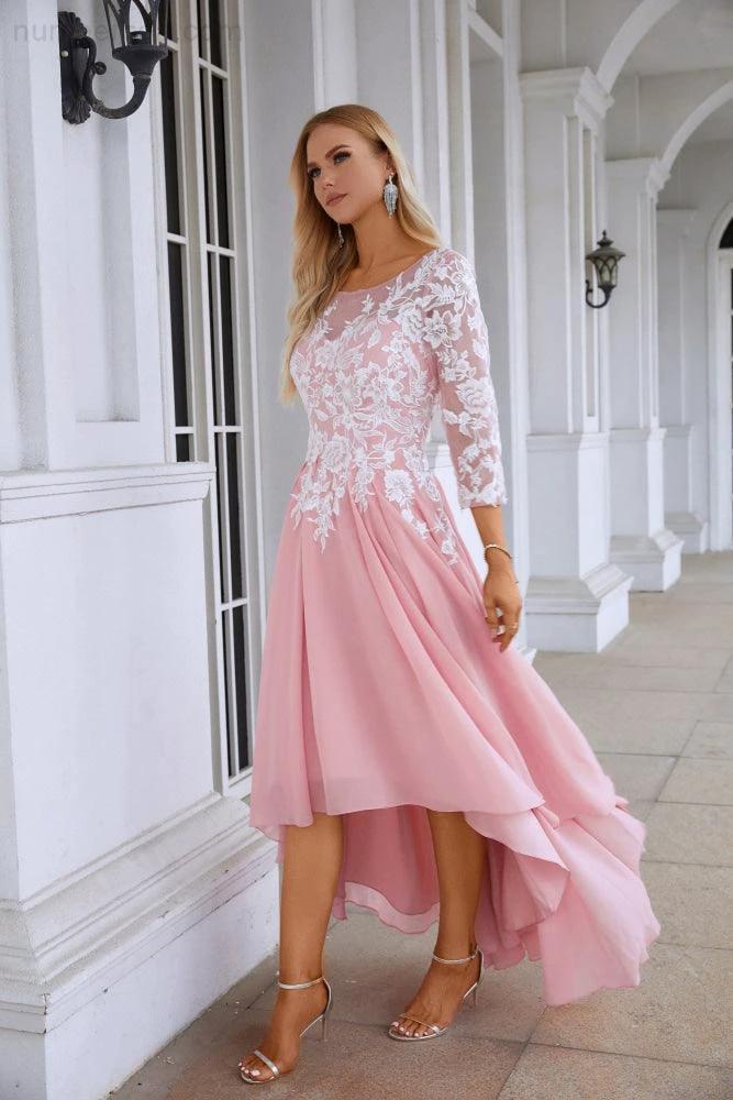 Ladies Round Neck Long Sleeve Chiffon Lace Short Front Short Back Length Length Bridesmaid Evening Dress Wedding Evening Dress 28123 - Image 4