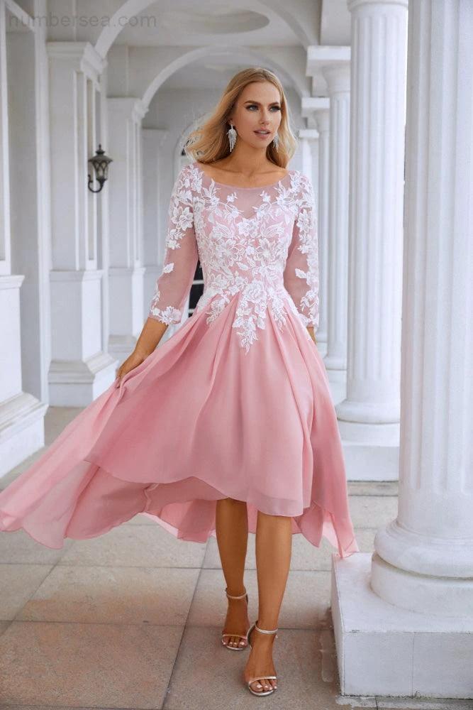 Ladies Round Neck Long Sleeve Chiffon Lace Short Front Short Back Length Length Bridesmaid Evening Dress Wedding Evening Dress 28123 - Image 5