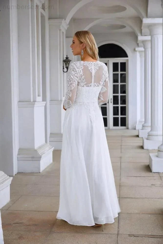 Ladies Round Neck Long Sleeve Front Slit Chiffon Lace Floor Length Bridesmaid Evening Dress Wedding Prom Party Evening Dress 28122 - Image 2