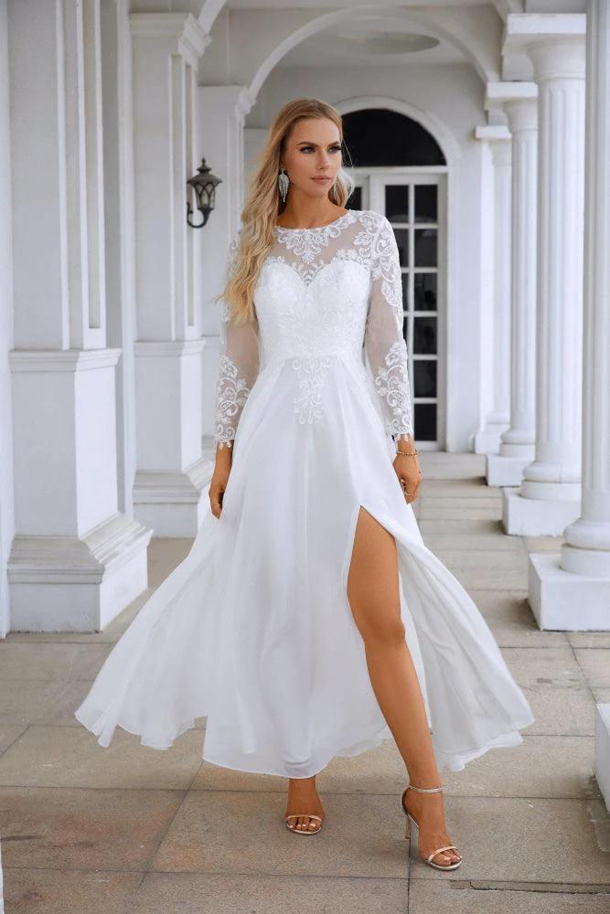 Ladies Round Neck Long Sleeve Front Slit Chiffon Lace Floor Length Bridesmaid Evening Dress Wedding Prom Party Evening Dress 28122 - Image 3