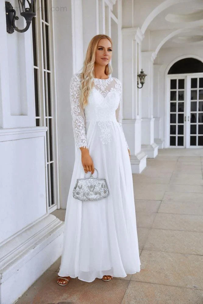 Ladies Round Neck Long Sleeve Front Slit Chiffon Lace Floor Length Bridesmaid Evening Dress Wedding Prom Party Evening Dress 28122 - Image 4