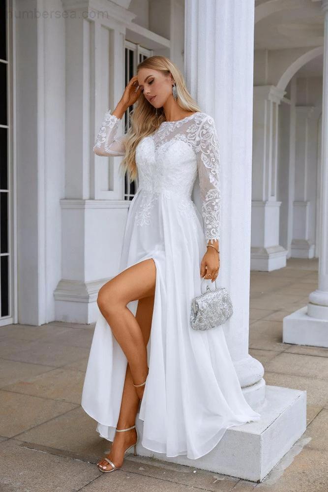 Ladies Round Neck Long Sleeve Front Slit Chiffon Lace Floor Length Bridesmaid Evening Dress Wedding Prom Party Evening Dress 28122 - Image 5