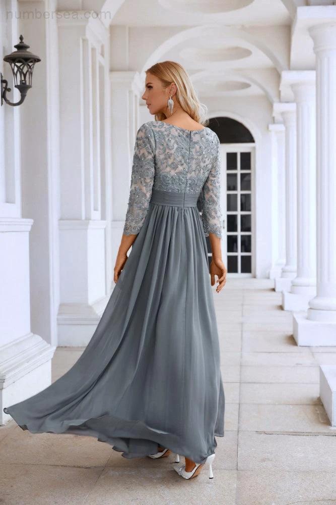 Ladies Round Neck Long Sleeve Lace Chiffon Bridesmaid Evening Dress Prom Wedding Evening Dress SY28114 - Image 2