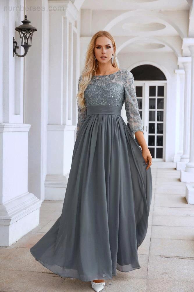 Ladies Round Neck Long Sleeve Lace Chiffon Bridesmaid Evening Dress Prom Wedding Evening Dress SY28114 - Image 3