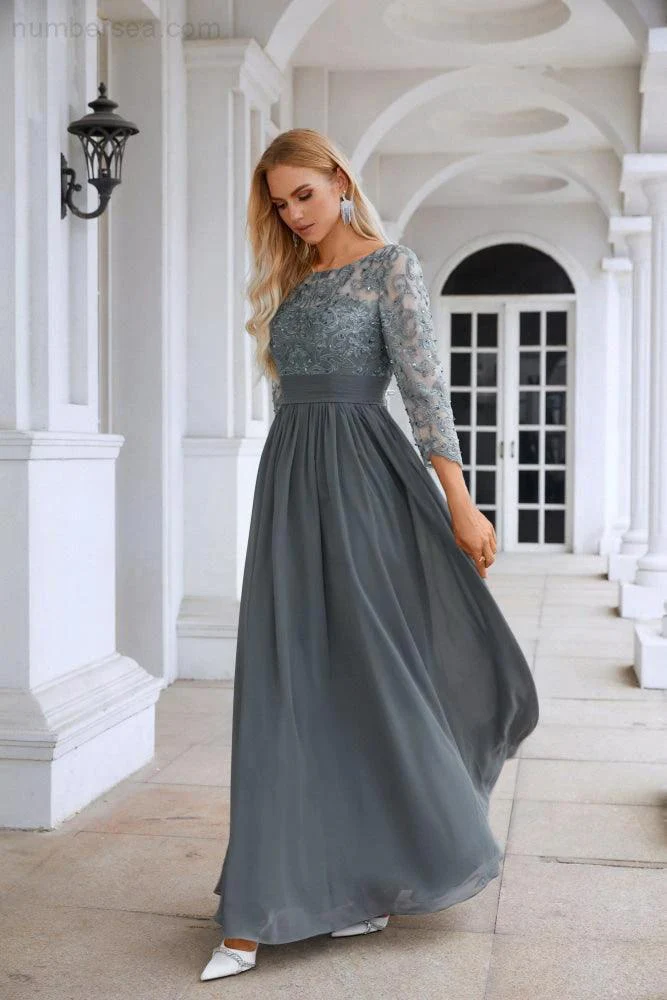 Ladies Round Neck Long Sleeve Lace Chiffon Bridesmaid Evening Dress Prom Wedding Evening Dress SY28114 - Image 4