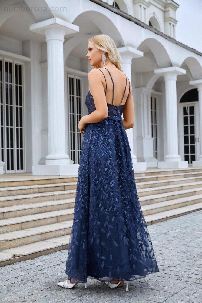Ladies Spaghetti Strap Embroidery V Neck Front Slit Bridesmaid Dress Party Wedding Evening Dress 28089 - Image 2