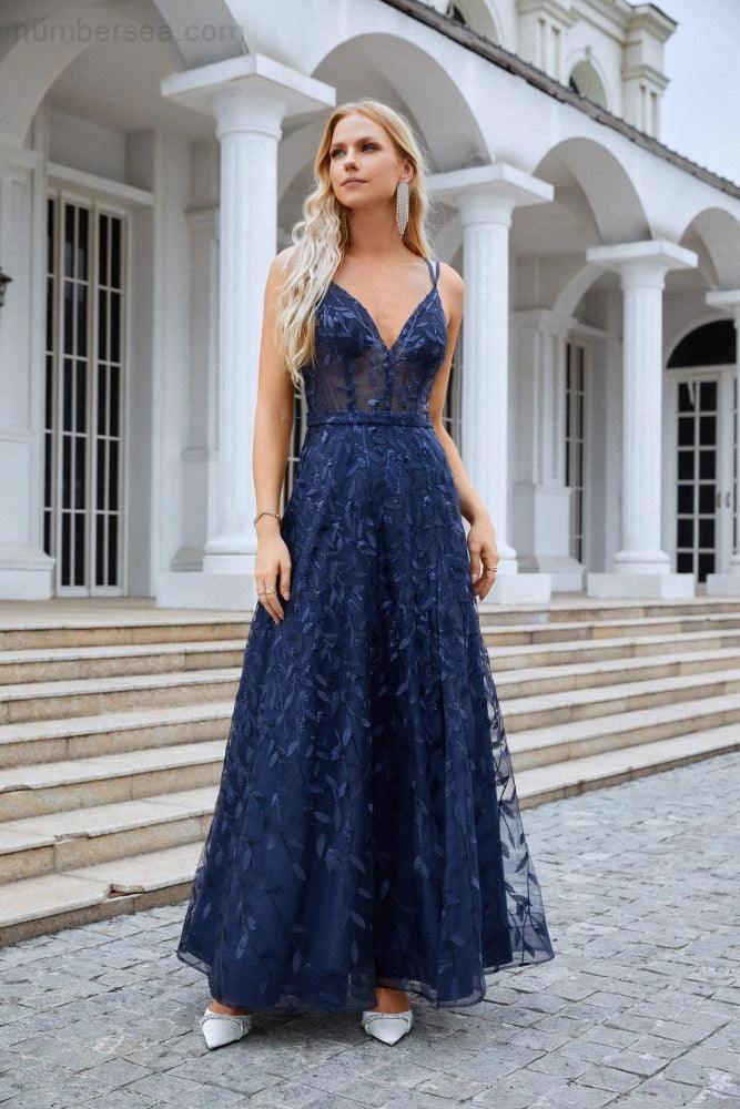 Ladies Spaghetti Strap Embroidery V Neck Front Slit Bridesmaid Dress Party Wedding Evening Dress 28089 - Image 3