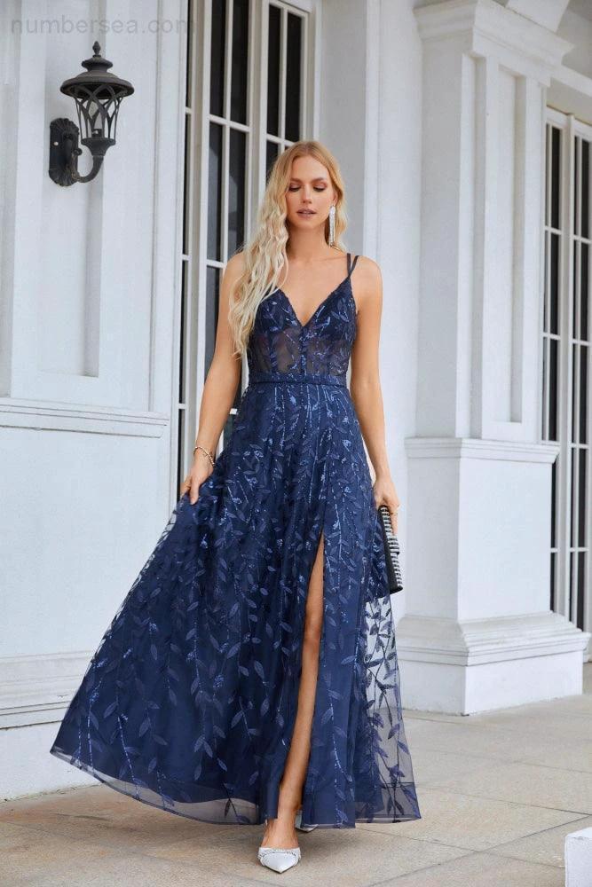 Ladies Spaghetti Strap Embroidery V Neck Front Slit Bridesmaid Dress Party Wedding Evening Dress 28089 - Image 4