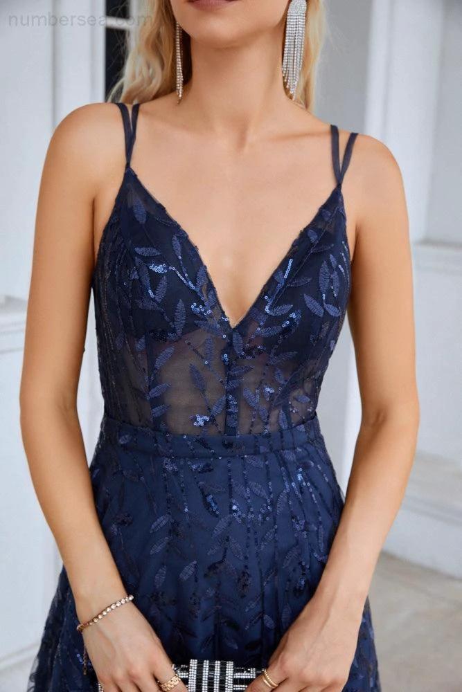 Ladies Spaghetti Strap Embroidery V Neck Front Slit Bridesmaid Dress Party Wedding Evening Dress 28089 - Image 5