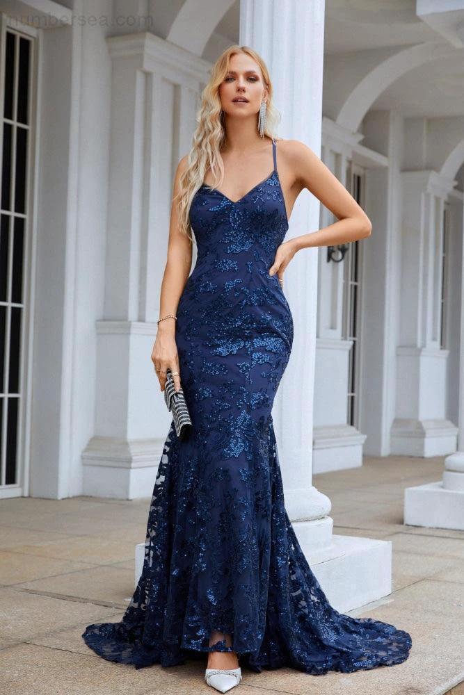 Ladies Spaghetti Strap Embroidery V Neck Mermaid Long Bridesmaid Dress Prom Wedding Evening Dress 28087 - Image 3