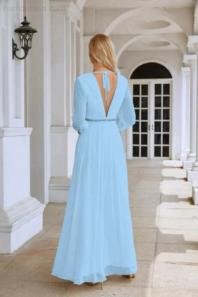 Ladies V Neck Chiffon Long Sleeve Front Slit Bridesmaid Evening Dress Wedding Party Shopping Evening Dress 28109 - Image 10