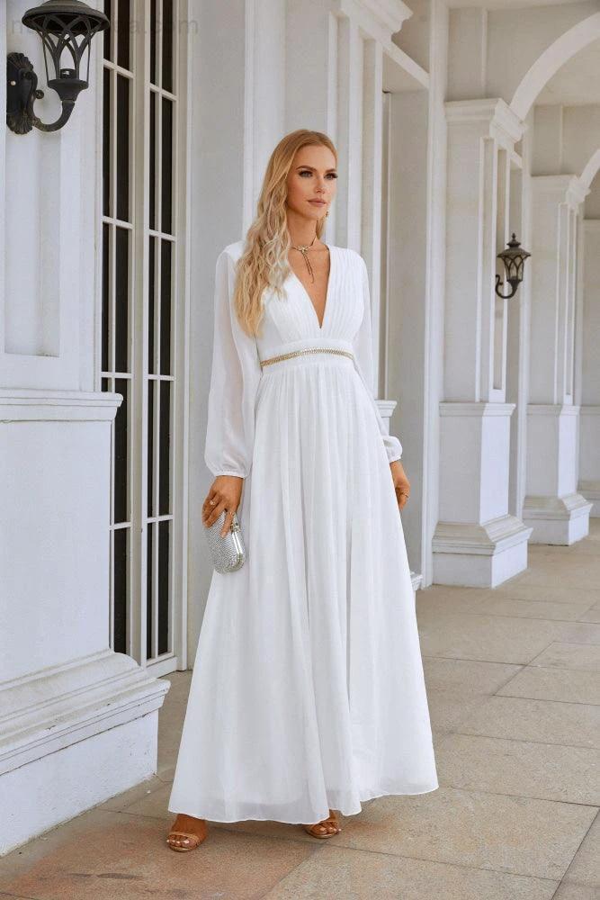 Ladies V Neck Chiffon Long Sleeve Front Slit Bridesmaid Evening Dress Wedding Party Shopping Evening Dress 28109 - Image 100