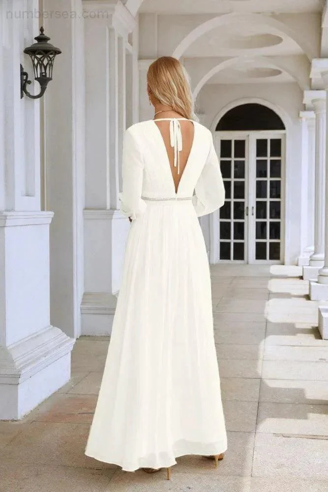 Ladies V Neck Chiffon Long Sleeve Front Slit Bridesmaid Evening Dress Wedding Party Shopping Evening Dress 28109 - Image 102