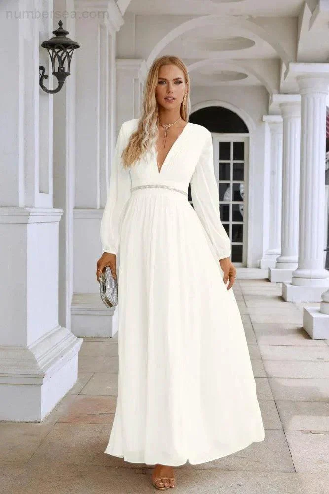 Ladies V Neck Chiffon Long Sleeve Front Slit Bridesmaid Evening Dress Wedding Party Shopping Evening Dress 28109 - Image 103