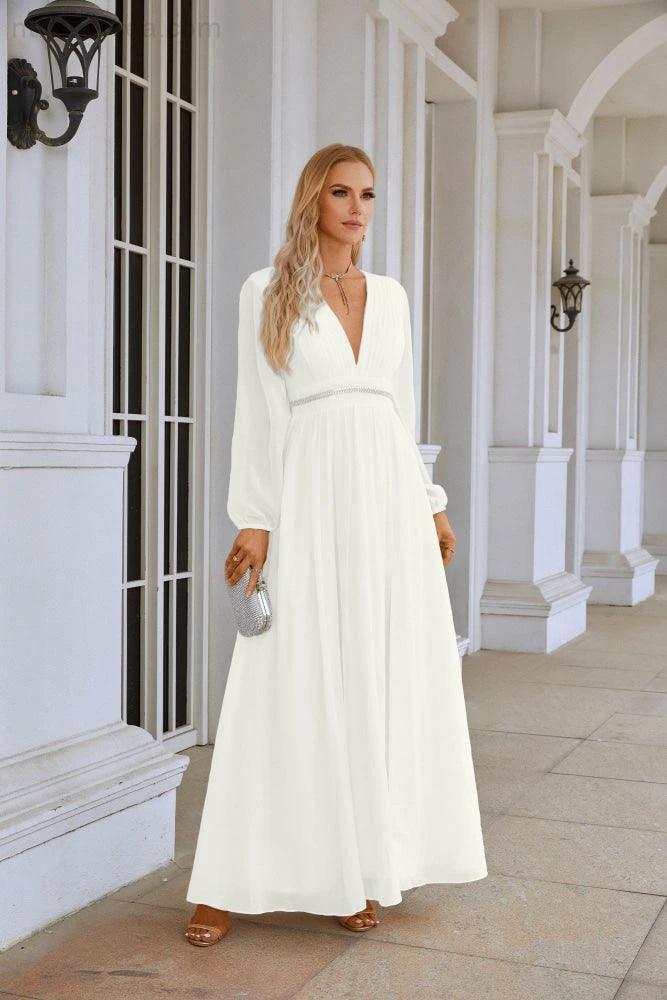 Ladies V Neck Chiffon Long Sleeve Front Slit Bridesmaid Evening Dress Wedding Party Shopping Evening Dress 28109 - Image 104