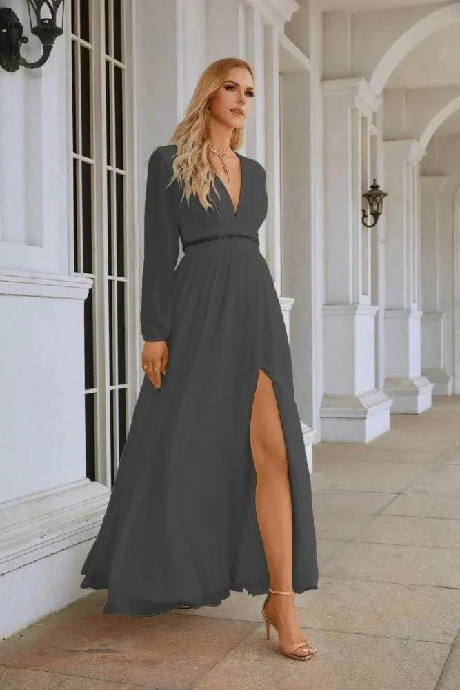 Ladies V Neck Chiffon Long Sleeve Front Slit Bridesmaid Evening Dress Wedding Party Shopping Evening Dress 28109 - Image 105