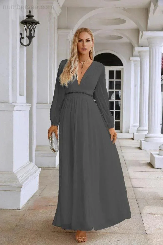 Ladies V Neck Chiffon Long Sleeve Front Slit Bridesmaid Evening Dress Wedding Party Shopping Evening Dress 28109 - Image 107