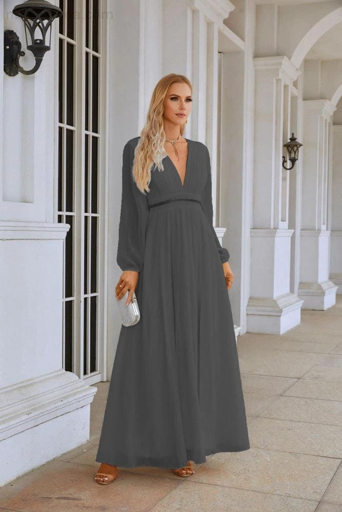 Ladies V Neck Chiffon Long Sleeve Front Slit Bridesmaid Evening Dress Wedding Party Shopping Evening Dress 28109 - Image 108