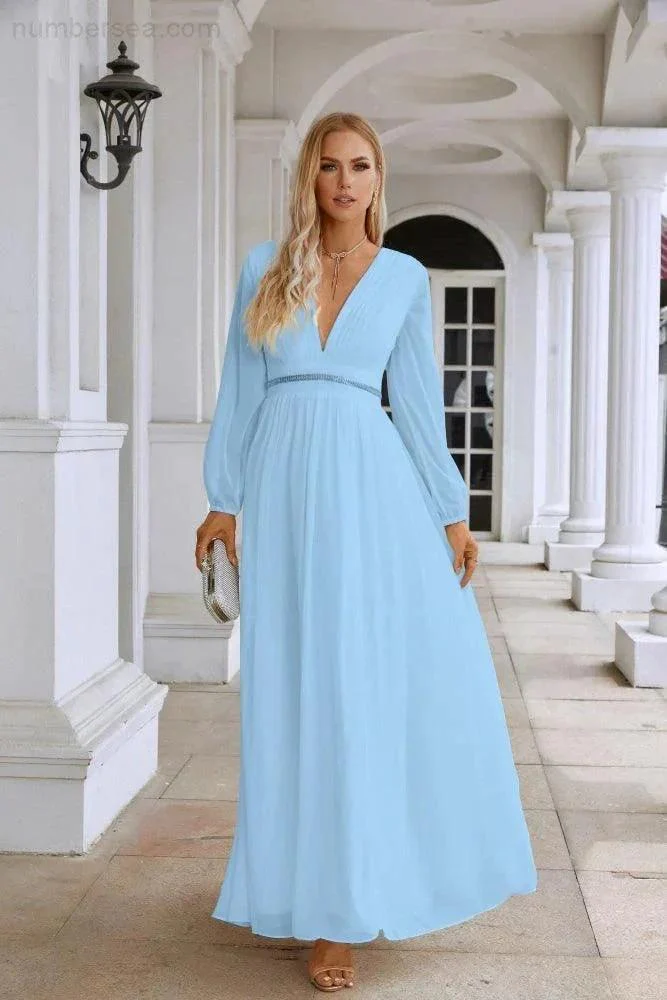 Ladies V Neck Chiffon Long Sleeve Front Slit Bridesmaid Evening Dress Wedding Party Shopping Evening Dress 28109 - Image 11