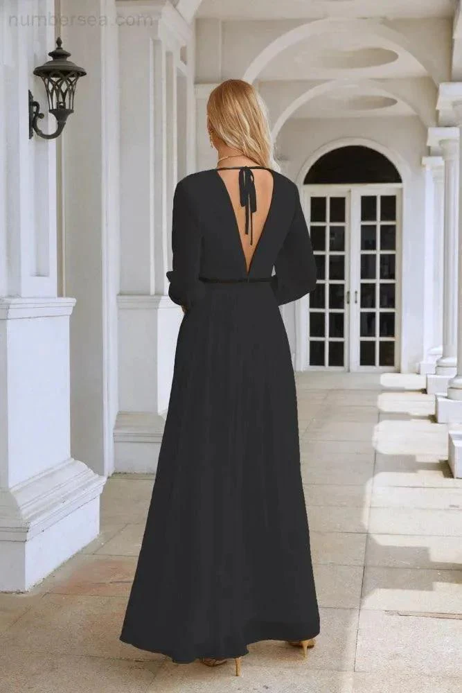 Ladies V Neck Chiffon Long Sleeve Front Slit Bridesmaid Evening Dress Wedding Party Shopping Evening Dress 28109 - Image 110