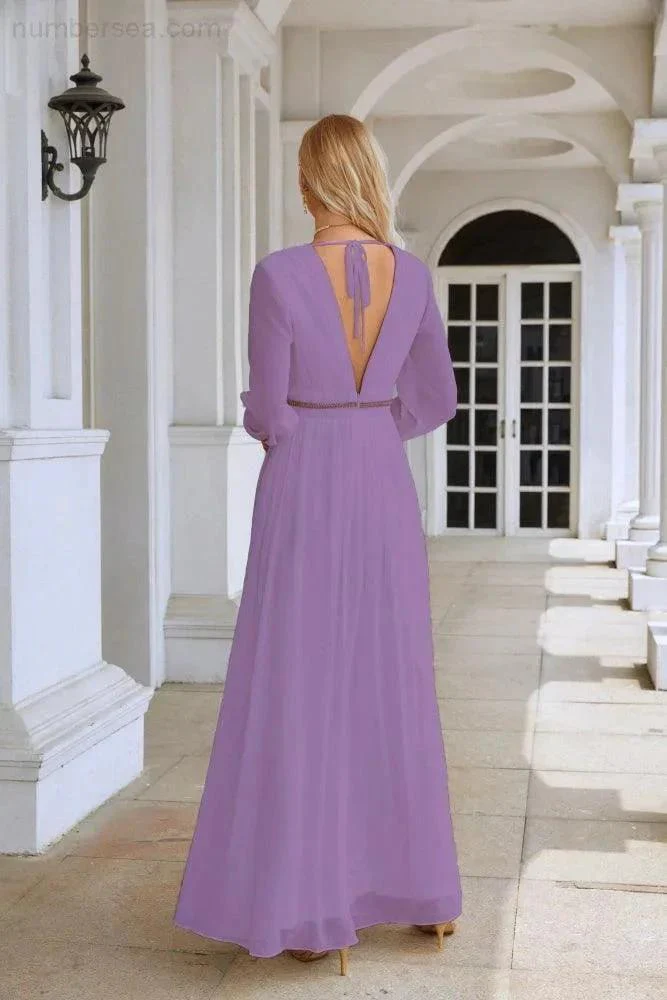 Ladies V Neck Chiffon Long Sleeve Front Slit Bridesmaid Evening Dress Wedding Party Shopping Evening Dress 28109 - Image 114