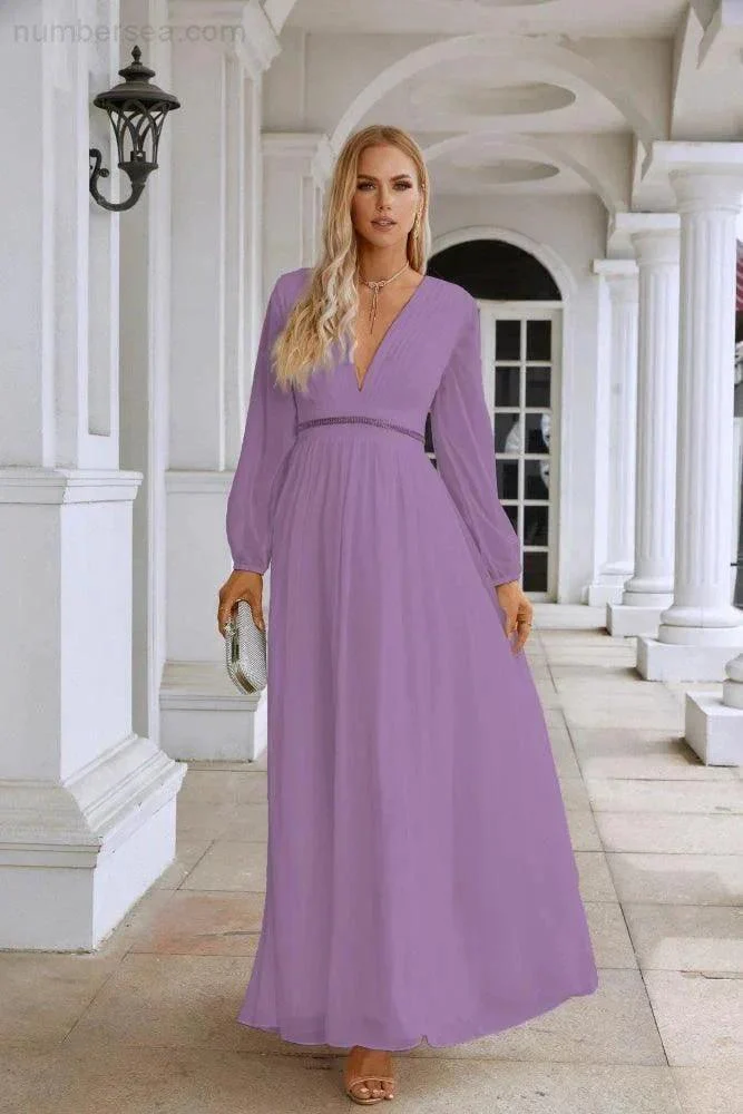 Ladies V Neck Chiffon Long Sleeve Front Slit Bridesmaid Evening Dress Wedding Party Shopping Evening Dress 28109 - Image 115