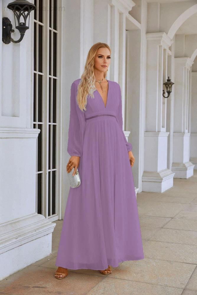 Ladies V Neck Chiffon Long Sleeve Front Slit Bridesmaid Evening Dress Wedding Party Shopping Evening Dress 28109 - Image 116