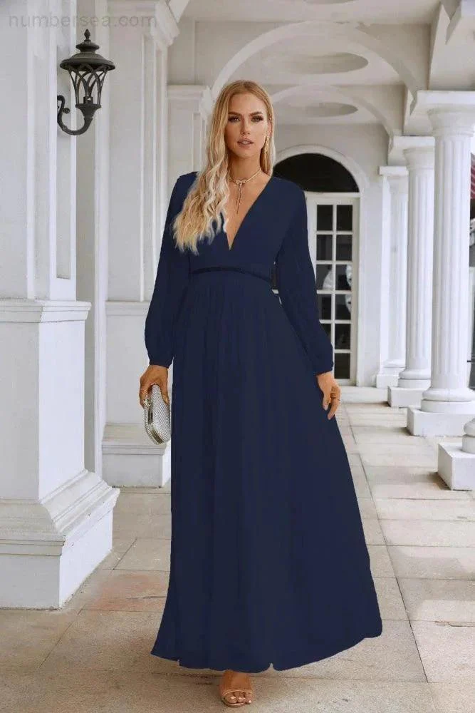 Ladies V Neck Chiffon Long Sleeve Front Slit Bridesmaid Evening Dress Wedding Party Shopping Evening Dress 28109 - Image 119
