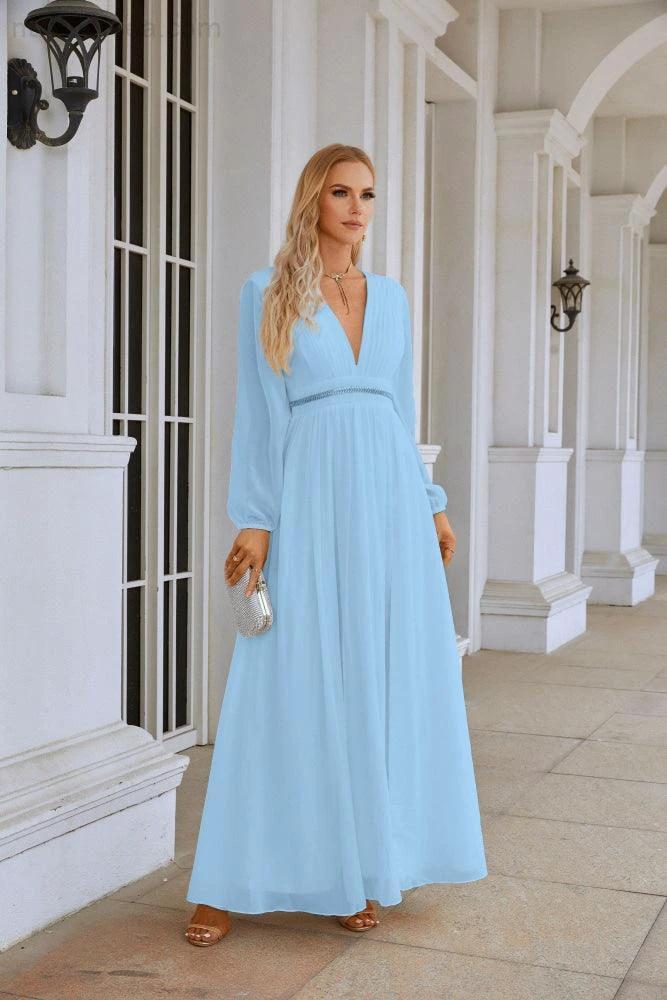 Ladies V Neck Chiffon Long Sleeve Front Slit Bridesmaid Evening Dress Wedding Party Shopping Evening Dress 28109 - Image 12