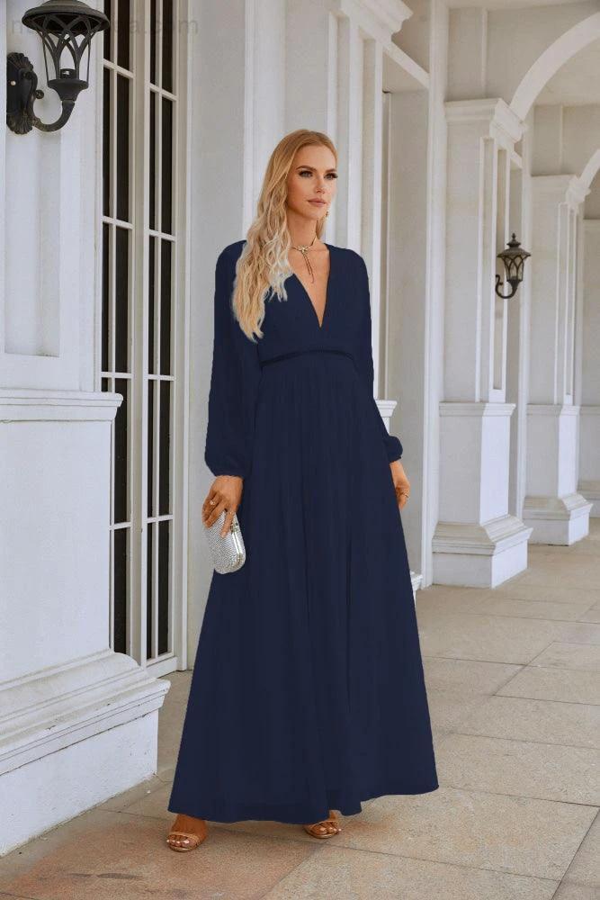 Ladies V Neck Chiffon Long Sleeve Front Slit Bridesmaid Evening Dress Wedding Party Shopping Evening Dress 28109 - Image 120