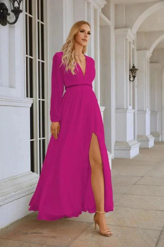 Ladies V Neck Chiffon Long Sleeve Front Slit Bridesmaid Evening Dress Wedding Party Shopping Evening Dress 28109 - Image 121