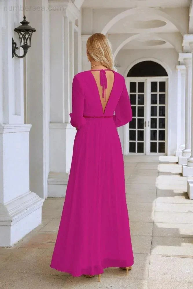Ladies V Neck Chiffon Long Sleeve Front Slit Bridesmaid Evening Dress Wedding Party Shopping Evening Dress 28109 - Image 122