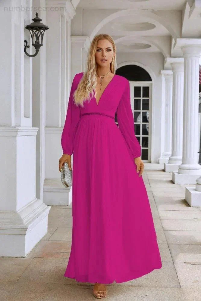 Ladies V Neck Chiffon Long Sleeve Front Slit Bridesmaid Evening Dress Wedding Party Shopping Evening Dress 28109 - Image 123
