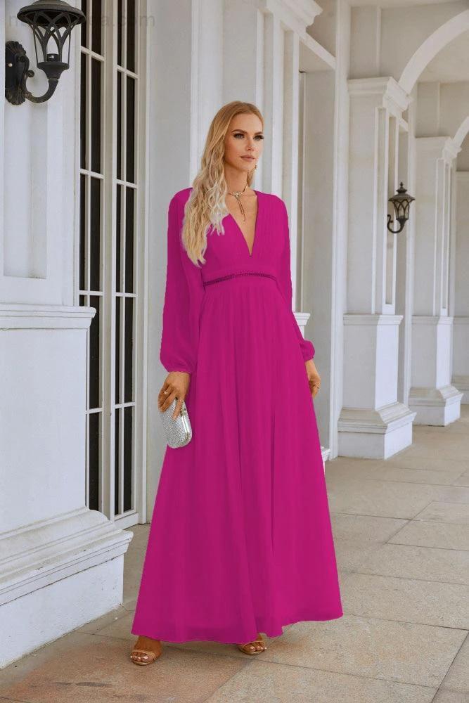 Ladies V Neck Chiffon Long Sleeve Front Slit Bridesmaid Evening Dress Wedding Party Shopping Evening Dress 28109 - Image 124